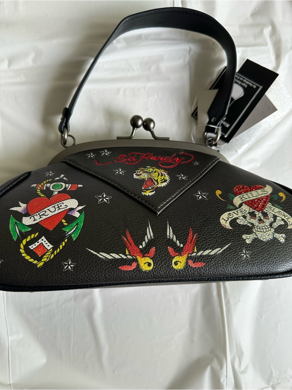 Ed Hardy Black Tattoo-Print Kiss-Lock Shoulder Bag